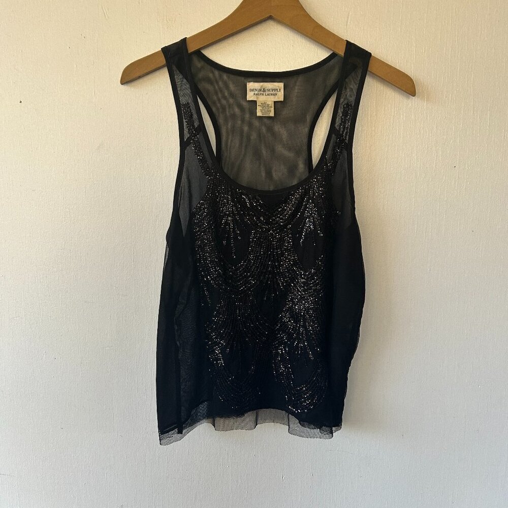 Ralph Lauren Denim & Supply Tank Womens Small Black Sheer Sequins Y2K Whimsygoth
